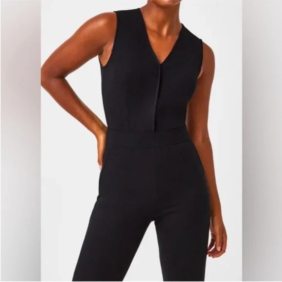 SPANX The Perfect Sleeveless Jumpsuit Ponte Knit Classic Black Flare Wide Leg